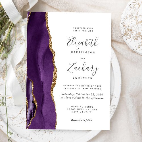 Modern Purple Gold Agate Wedding Invitation