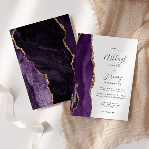 Modern Purple Gold Agate Wedding Invitation