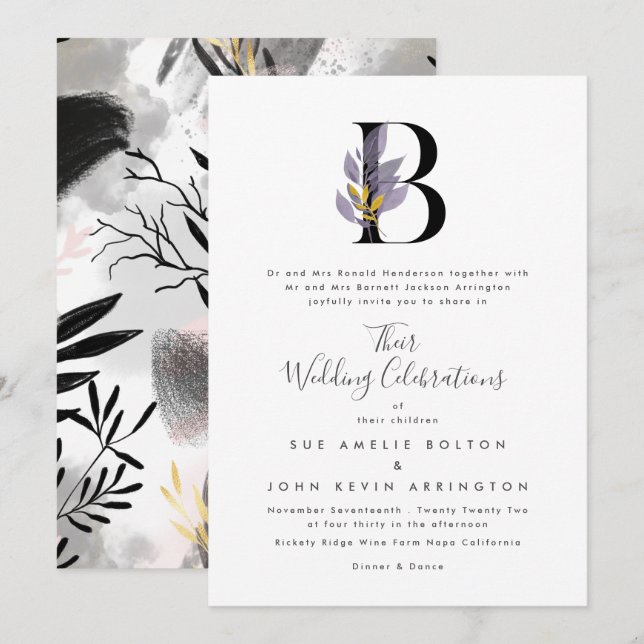 Modern Purple Gold Alphabet 'B' Monogram Wedding Invitation (Front/Back)