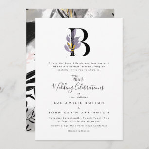 Modern Purple Gold Alphabet 'B' Monogram Wedding Invitation