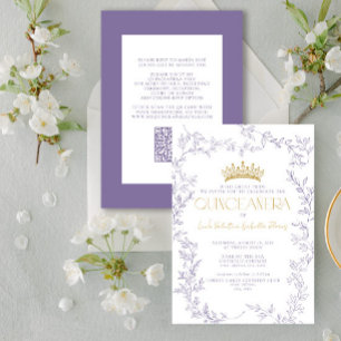 Modern Purple Gold Botanical Floral QR Quinceañera Invitation