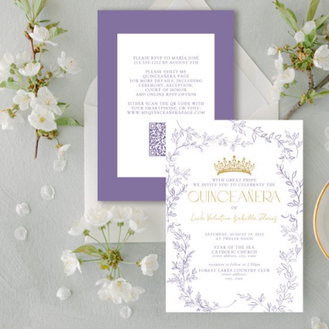 Modern Purple Gold Botanical Floral QR Quinceañera Invitation (Creator Uploaded)