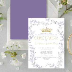Modern Purple Gold Botanical Floral Quinceañera Invitation