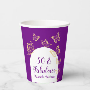 Modern Purple Gold Butterflies Fabulous Birthday Paper Cups