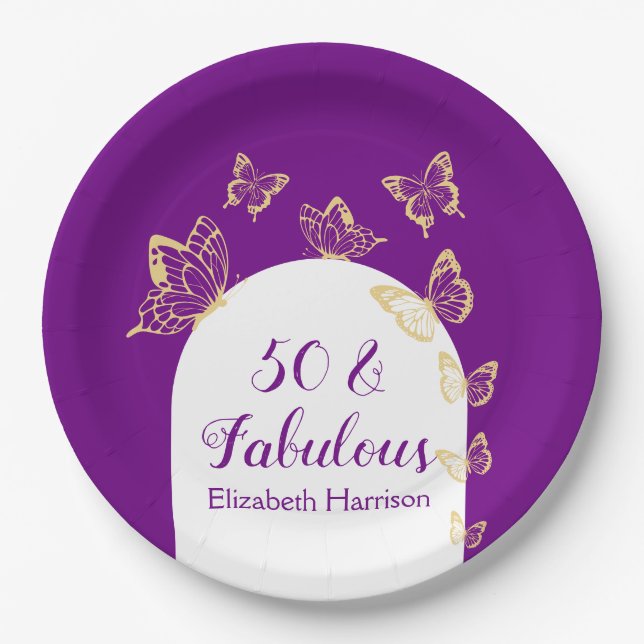 Modern Purple Gold Butterflies Fabulous Birthday Paper Plates (Front)
