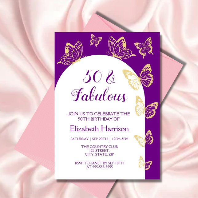 Modern Purple Gold Butterfly Fabulous  Birthday Invitation (Creator Uploaded)