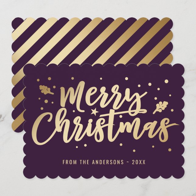 Modern Purple Gold Calligraphy Merry Christmas Holiday Card (Front/Back)
