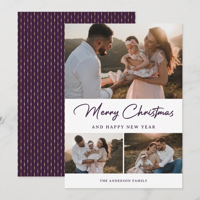 Modern Purple Gold Calligraphy Photo Collage Holiday Card (Front/Back)