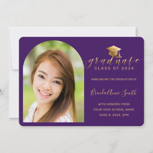 Modern Purple Gold Cap Script Photo Graduation Announcement