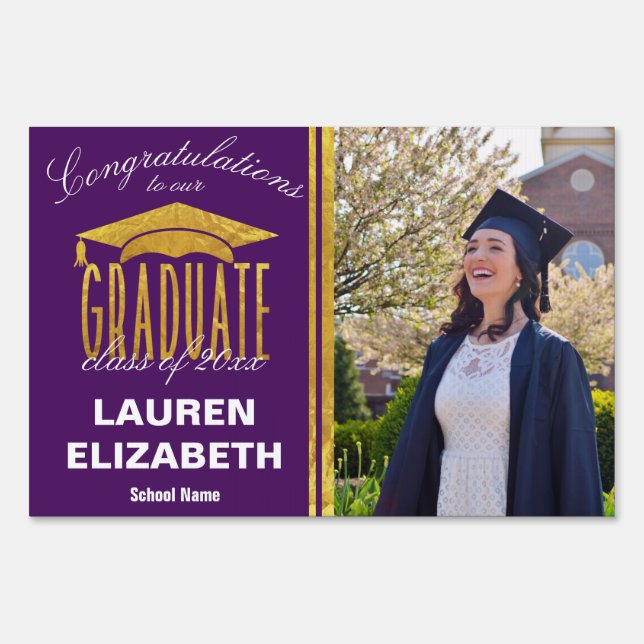Modern Purple & Gold Congrats Grad Photo Yard Sign (Front)