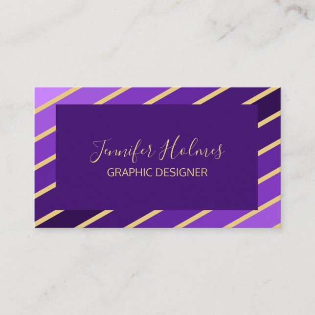 Modern Purple Gold Diagonal Stripes Business Card (Front)
