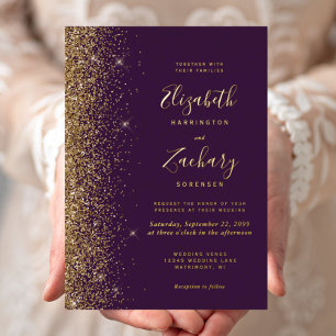 Modern Purple Gold Faux Glitter Edge Wedding Foil Invitation