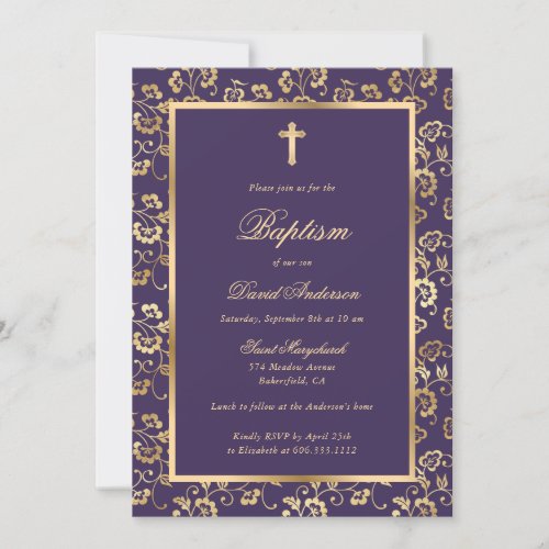 Modern Purple Gold Floral Boy Baptism Invitation