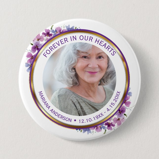 Modern Purple & Gold Floral Forever in our Hearts  Button (Front)