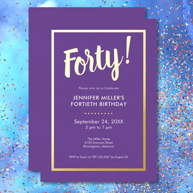 Modern Purple & Gold Foil 40th Birthday Foil Invitation (Modern Purple & Gold Foil 40th Birthday Foil Invitation)