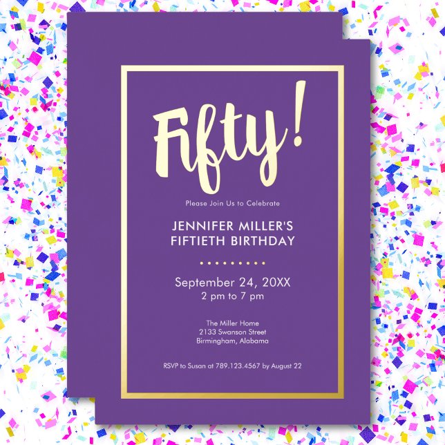 Modern Purple & Gold Foil 50th Birthday Foil Invitation (Modern Purple & Gold Foil 50th Birthday Foil Invitation)