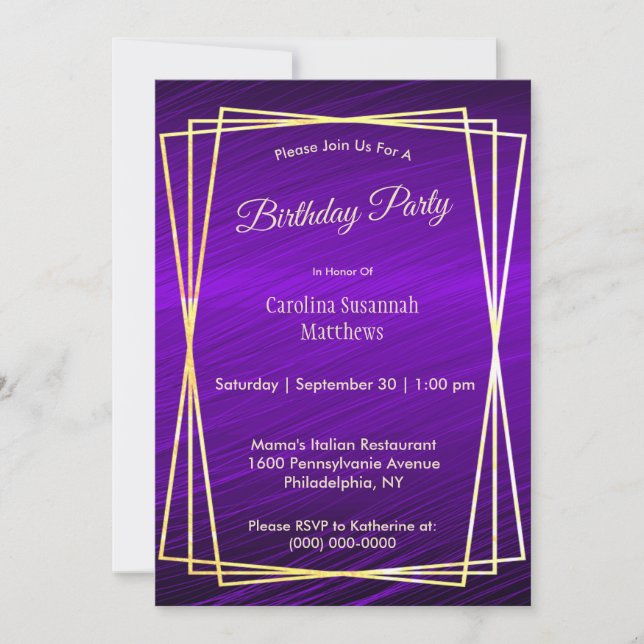 Modern Purple Gold Frame Birthday Invitation (Front)