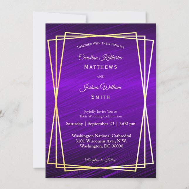 Modern Purple Gold Frame Wedding Invitation (Front)