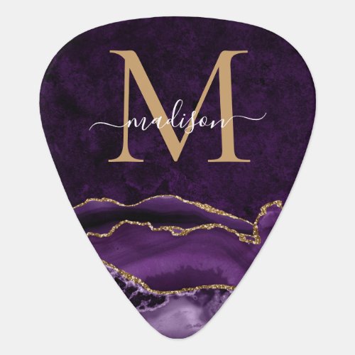 Modern Purple Gold Glitter Agate Geode Monogram Guitar Pick