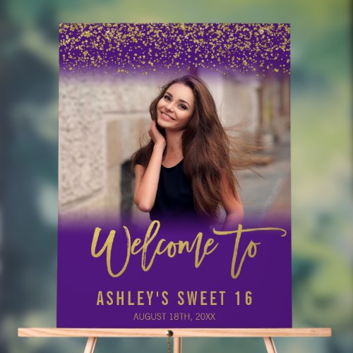 Modern Purple Gold Glitter Sweet 16 Photo Welcome Acrylic Sign