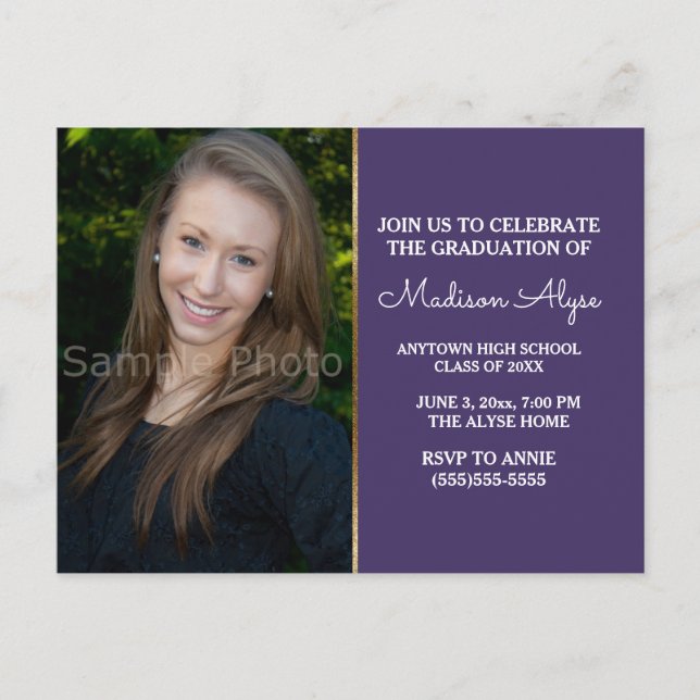 Modern Purple Gold Grad Party Photo Invitation Postcard (Front)