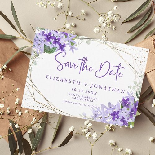 Modern Purple Gold Green Floral Wreath Wedding  Save The Date