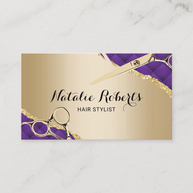 Modern Purple Gold Hairdresser Hair Stylist Salon Business Card (Front)