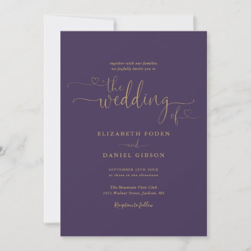 Modern Purple Gold Hearts Calligraphy Wedding Invitation