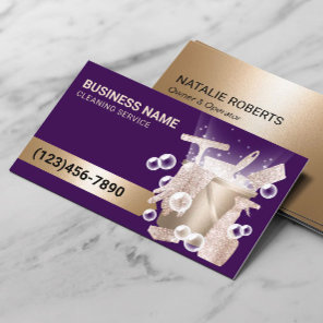 Modern Purple & Gold House Cleaning Service Business Card