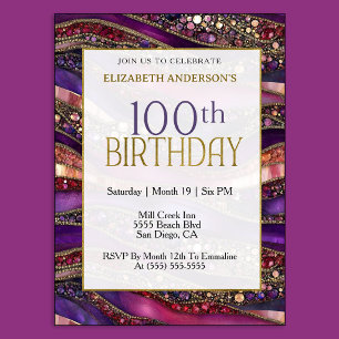 Modern Purple Gold Jeweled Strata 100th Birthday Invitation