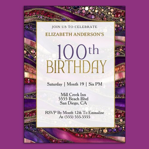Modern Purple Gold Jeweled Strata 100th Birthday Invitation