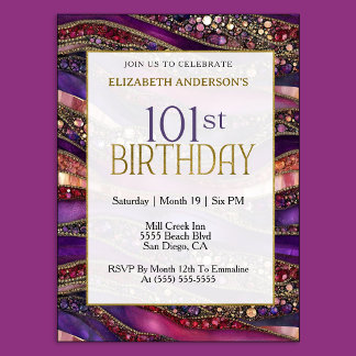 Modern Purple Gold Jeweled Strata 101st Birthday Invitation