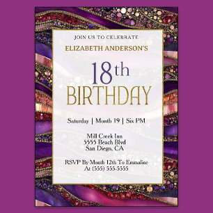 Modern Purple Gold Jeweled Strata 18th Birthday Invitation