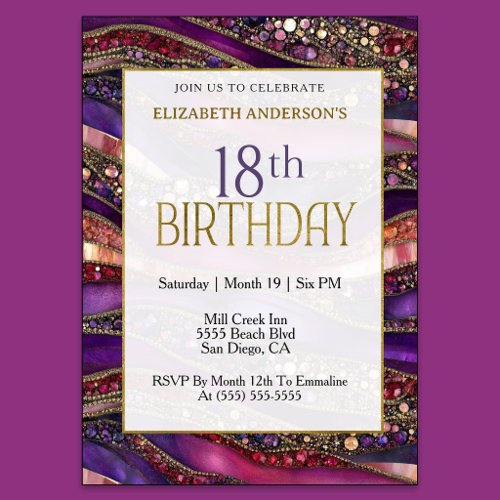 Modern Purple Gold Jeweled Strata 18th Birthday Invitation