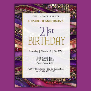 Modern Purple Gold Jeweled Strata 21st Birthday Invitation