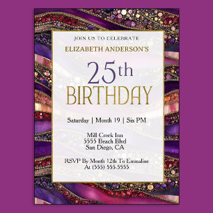 Modern Purple Gold Jeweled Strata 25th Birthday Invitation