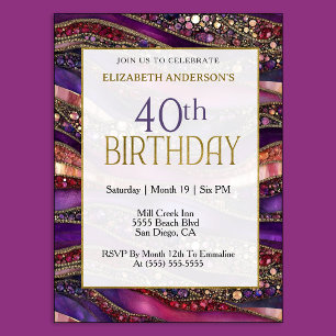 Modern Purple Gold Jeweled Strata 40th Birthday Invitation
