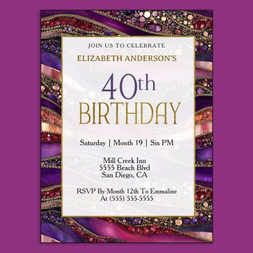 Modern Purple Gold Jeweled Strata 40th Birthday Invitation