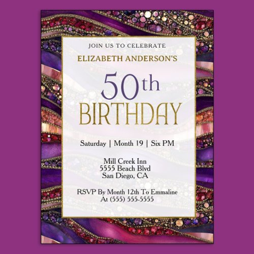 Modern Purple Gold Jeweled Strata 50th Birthday Invitation