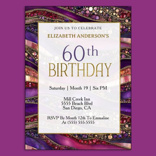 Modern Purple Gold Jeweled Strata 60th Birthday Invitation