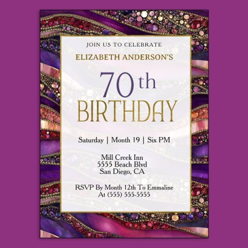 Modern Purple Gold Jeweled Strata 70th Birthday Invitation