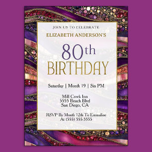 Modern Purple Gold Jeweled Strata 80th Birthday Invitation