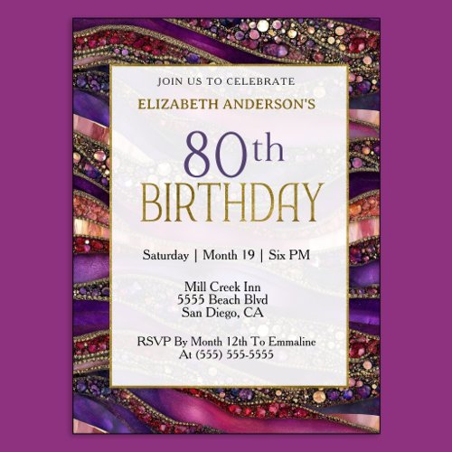 Modern Purple Gold Jeweled Strata 80th Birthday Invitation