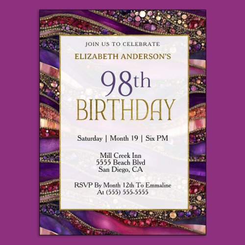 Modern Purple Gold Jeweled Strata 98th Birthday Invitation