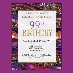 Modern Purple Gold Jeweled Strata 99th Birthday Invitation