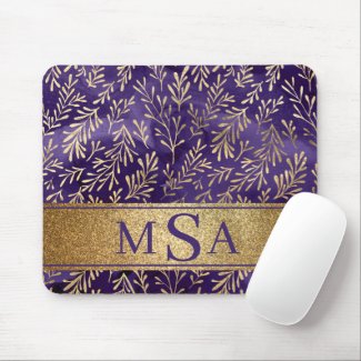 Modern Purple Gold Leaves 3 Initial Monogram