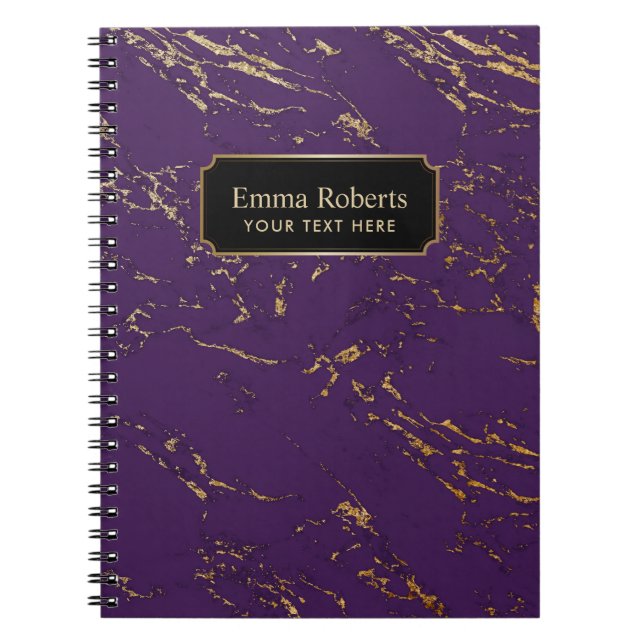 Modern Purple & Gold Marble Texture Notebook (Front)