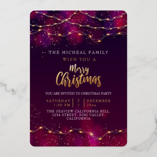 Modern Purple gold Neon Custom Christmas new year Foil Invitation