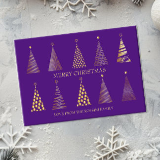 Modern Purple & Gold Personalized Christmas Tree Holiday Card