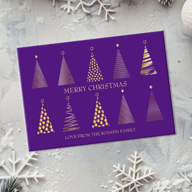 Modern Purple & Gold Personalized Christmas Tree Holiday Card (Modern purple and gold christmas card)